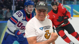 A man in the foreground, wearing a white t-shirt with a tiger logo and a black baseball cap, smiles and flexes his bicep. Behind him, two hockey players are depicted on an ice rink. The player on the left wears a blue and white USA jersey with the number 59. The player on the right wears a red jersey with a black number 7 on it, representing Canada. The background is blurred, suggesting the dynamic action of a hockey game. The lighting is bright, highlighting the central figure and the players.